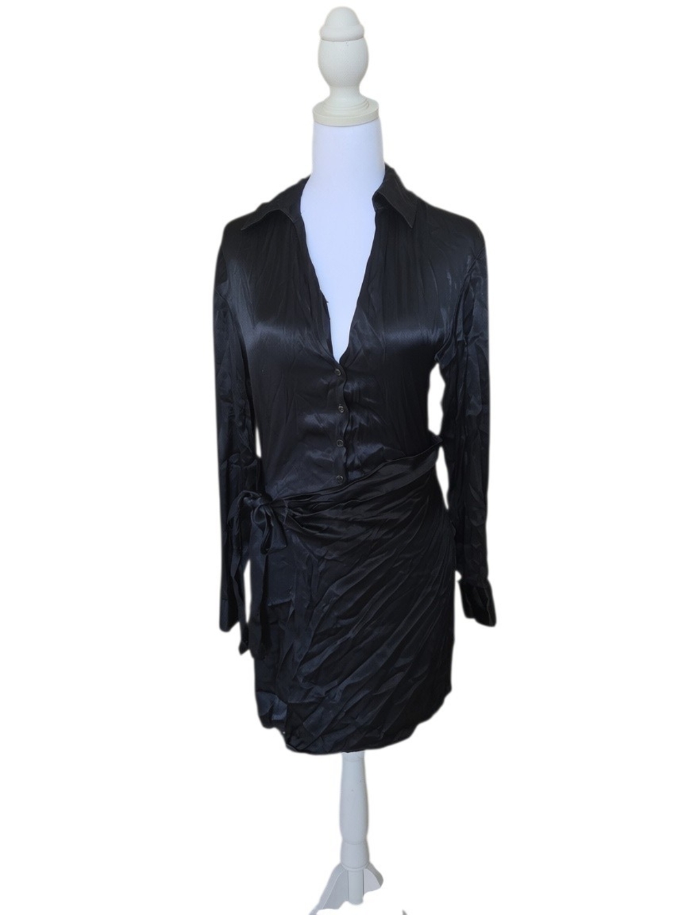 Zara Black Satin Button-Front Wrap Mini Dress